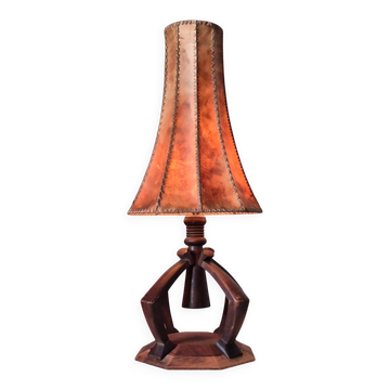 Lampe de table moderniste en cuir et chêne, Pays-Bas, années 1930