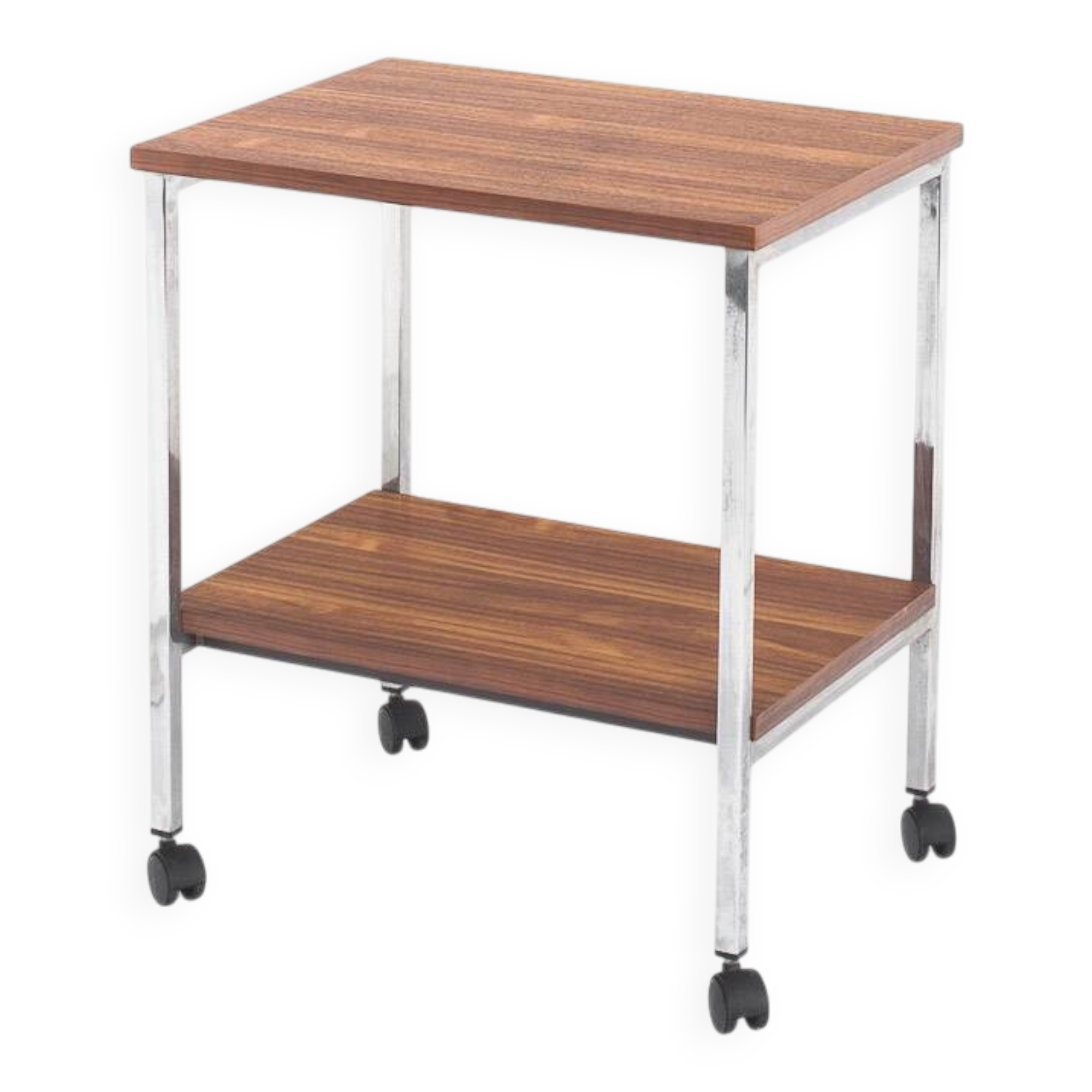 Vintage side table on wheels. Chrome-plated iron tube and wood. France, 1970s.