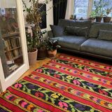 Romanian wool rug, red background with colourful tulips248x164cm