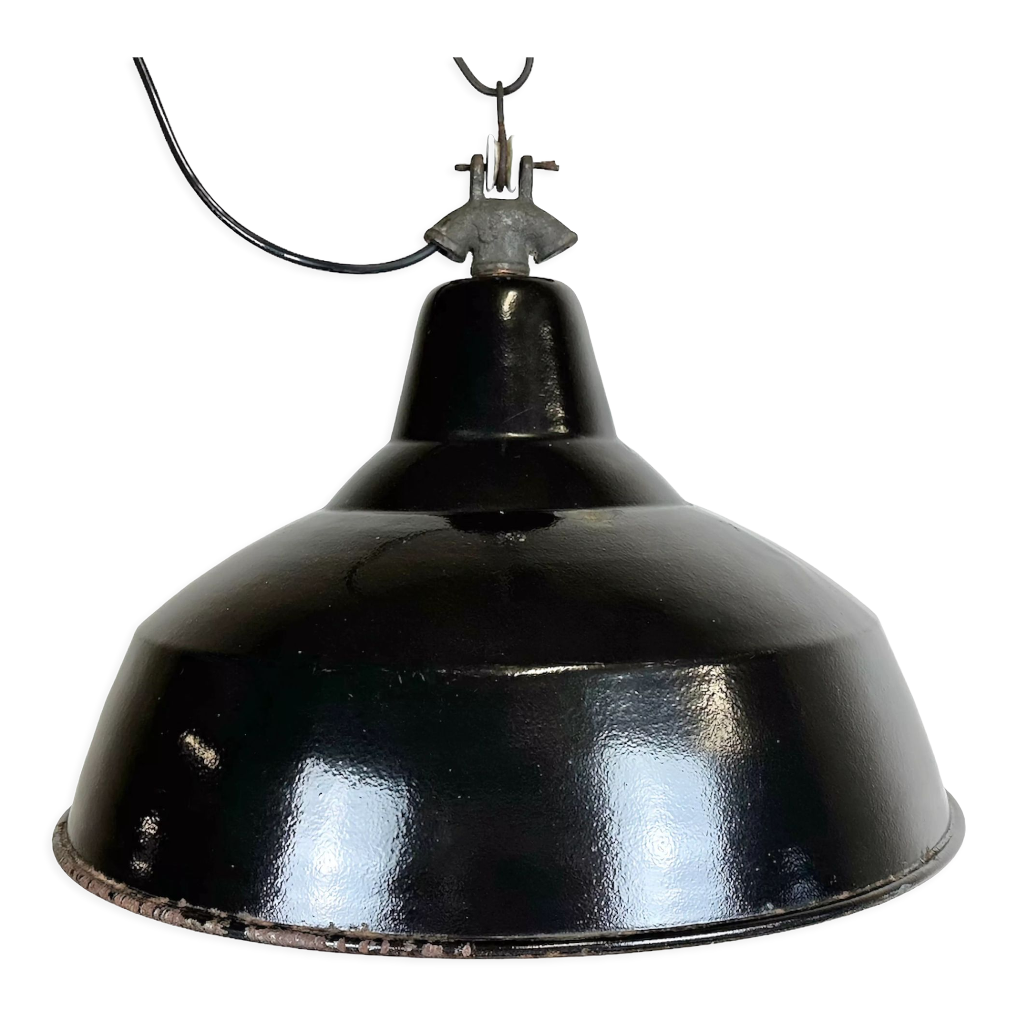 Industrial Black Enamel Factory Lamp with Cast Iron Top, 1950s