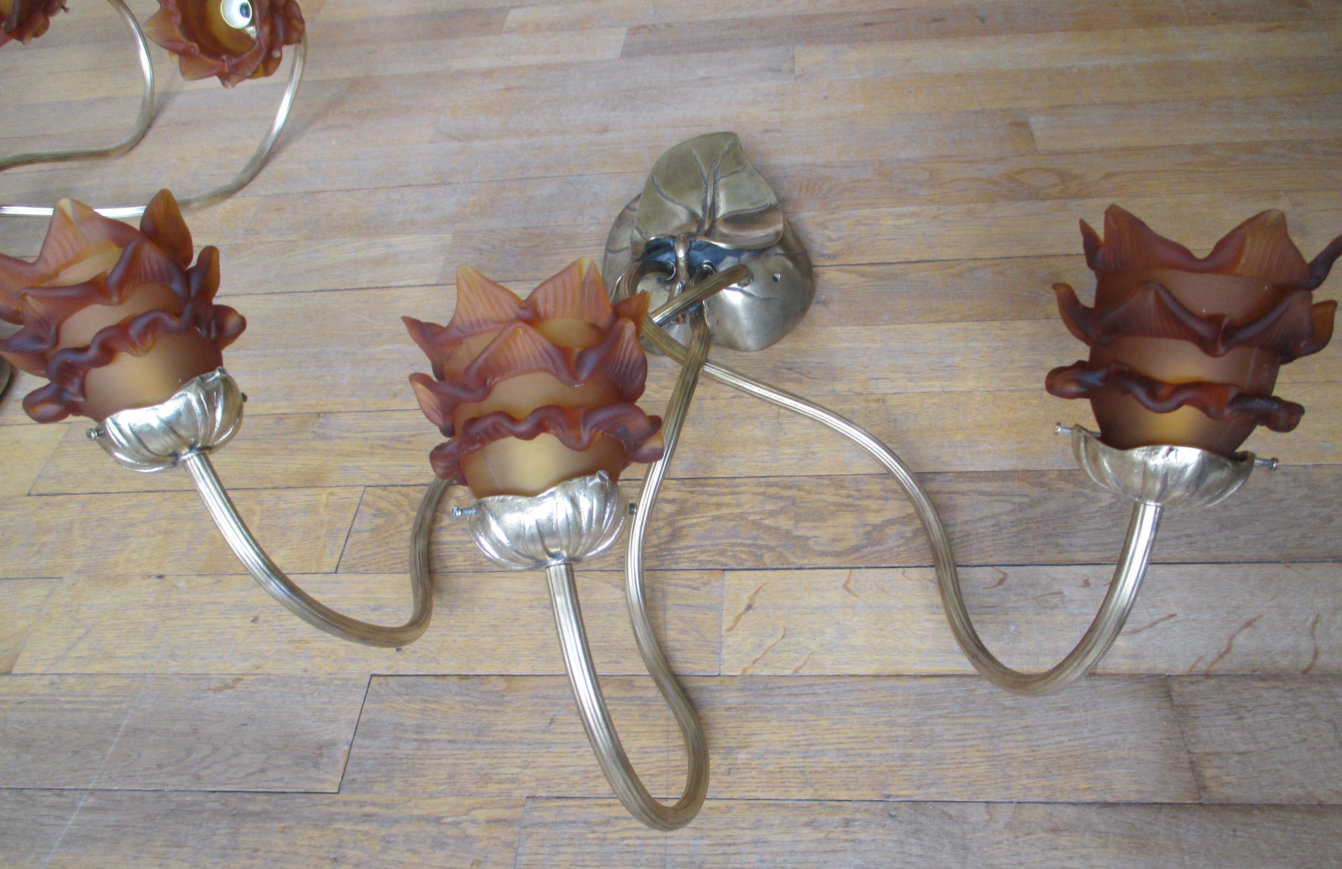 2 brass appliques leaves flowers tulip glass paste