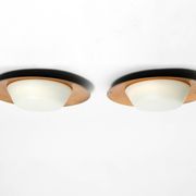 Pair of Mid Century wall or ceiling lamps made of glass with copper-plated