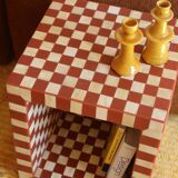 Side table - open cube bedside table with checkerboard in bone and terracotta resin