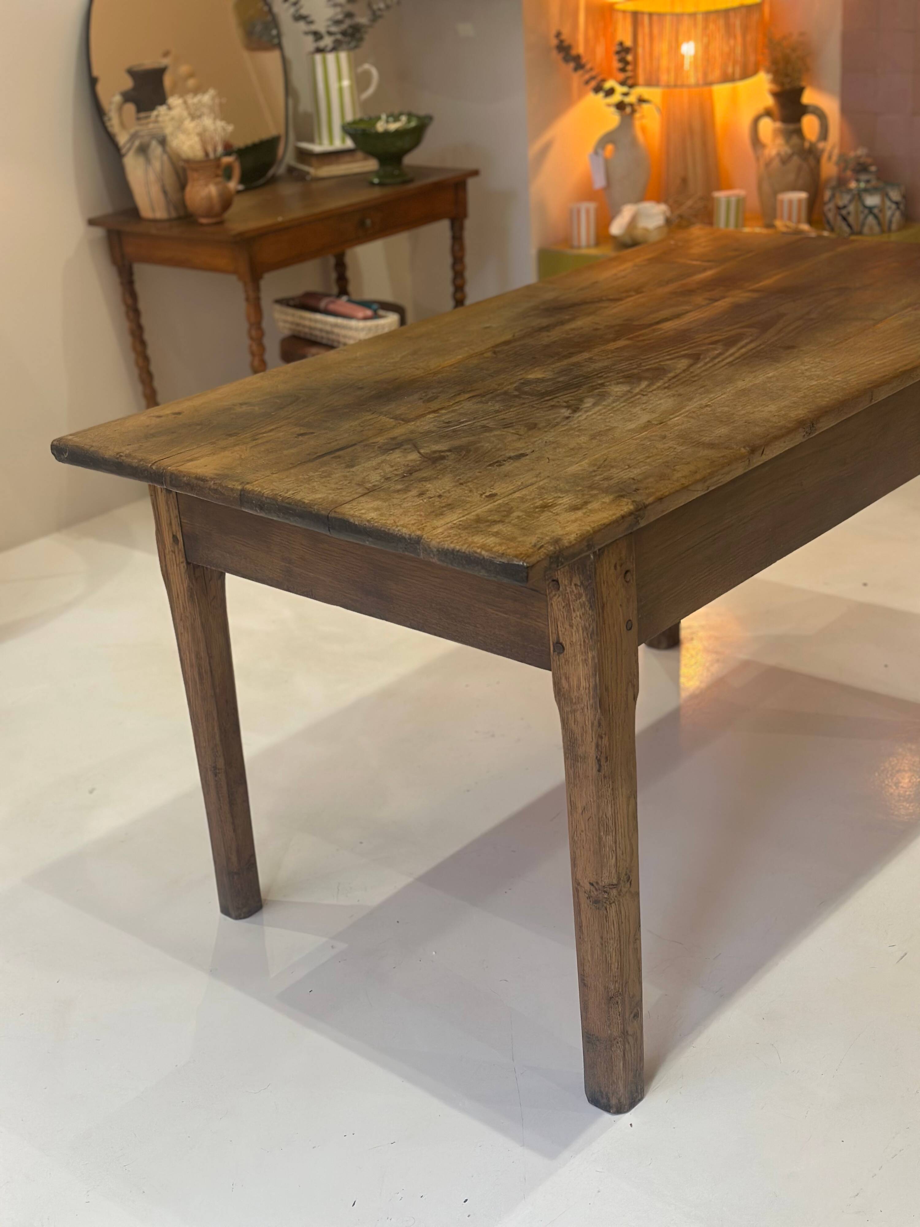 Compact rare rustic vintage solid wood farmhouse dining table.