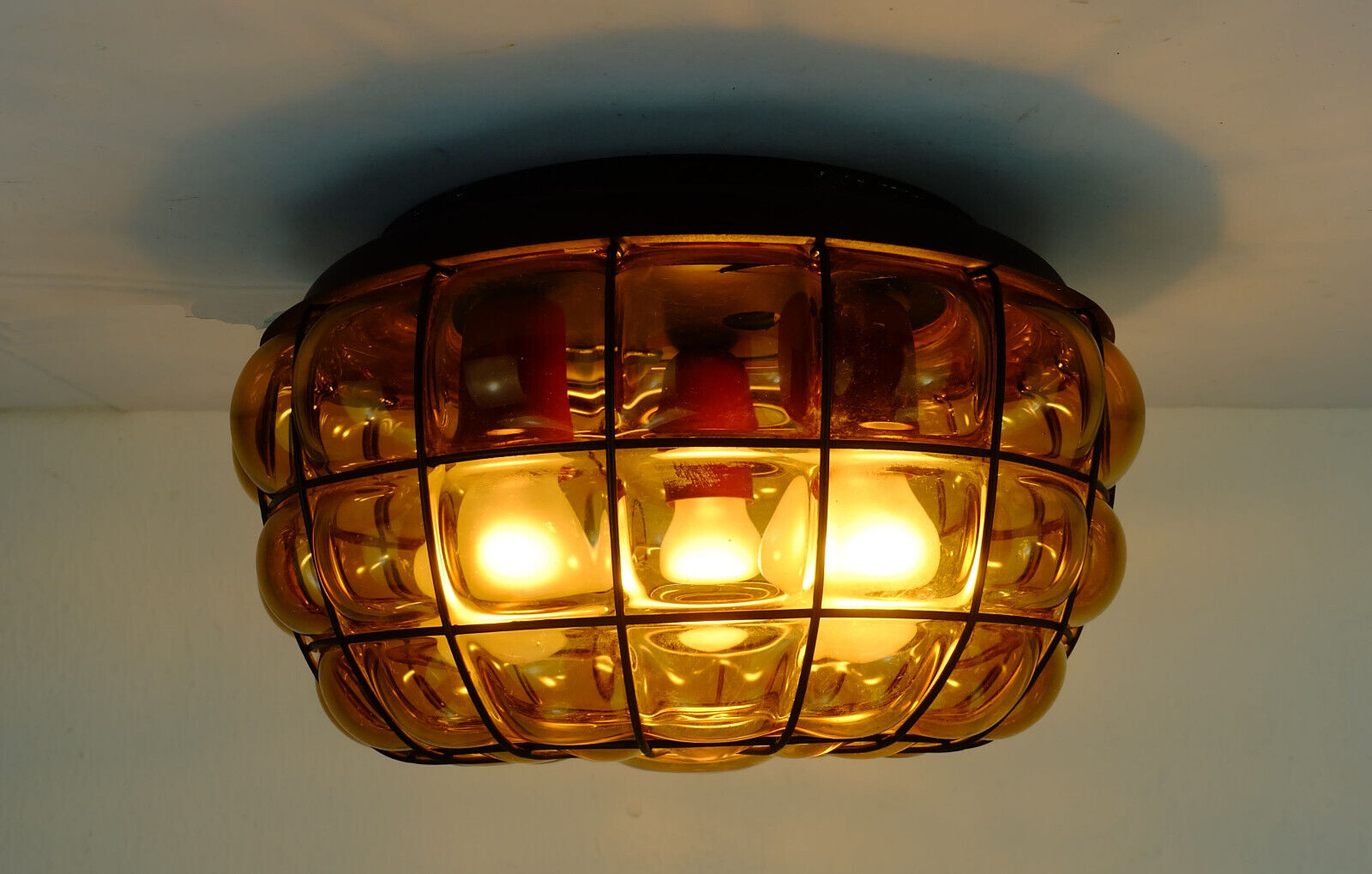 Ceiling lamp amber glass and metal 1970