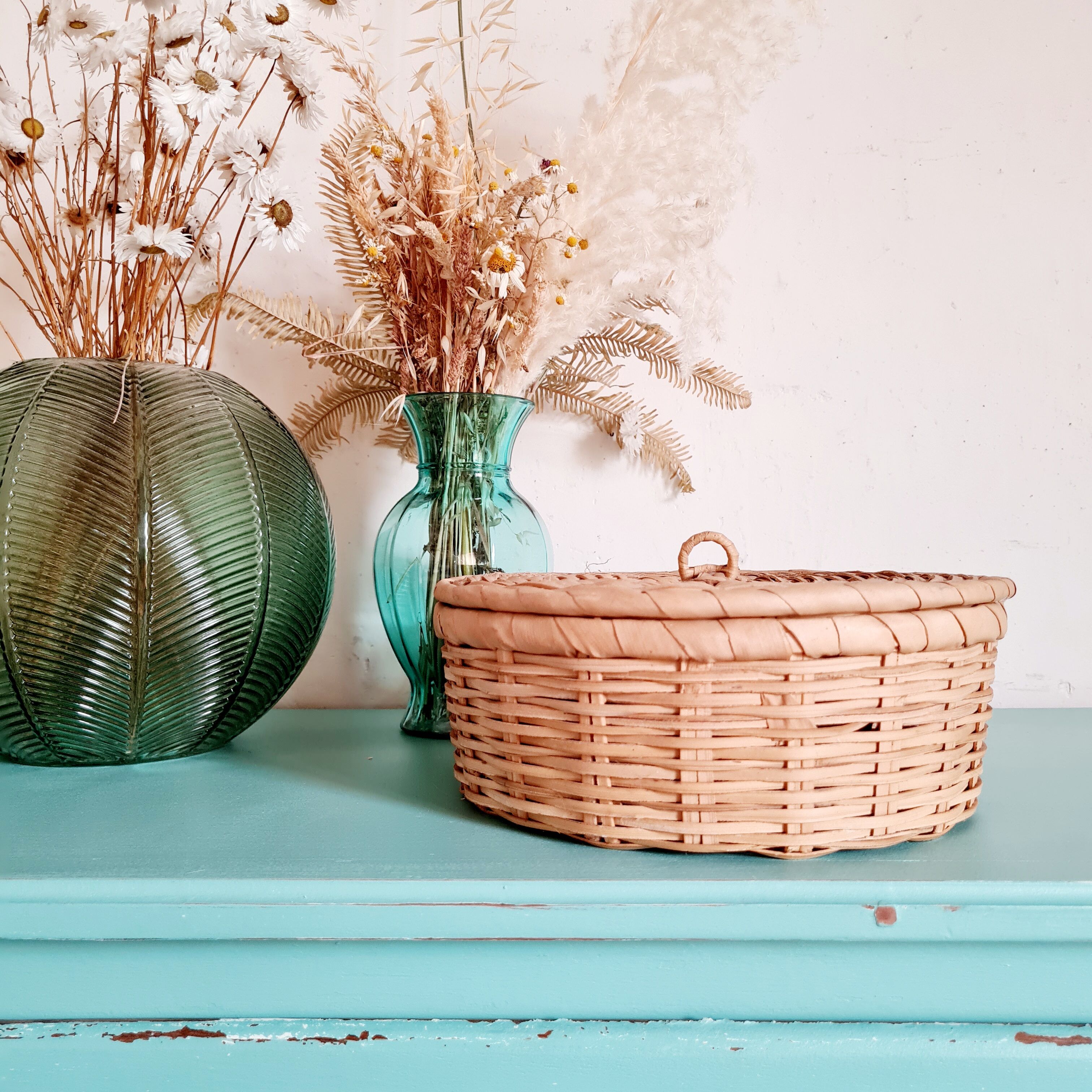 Rattan basket with vintage lid