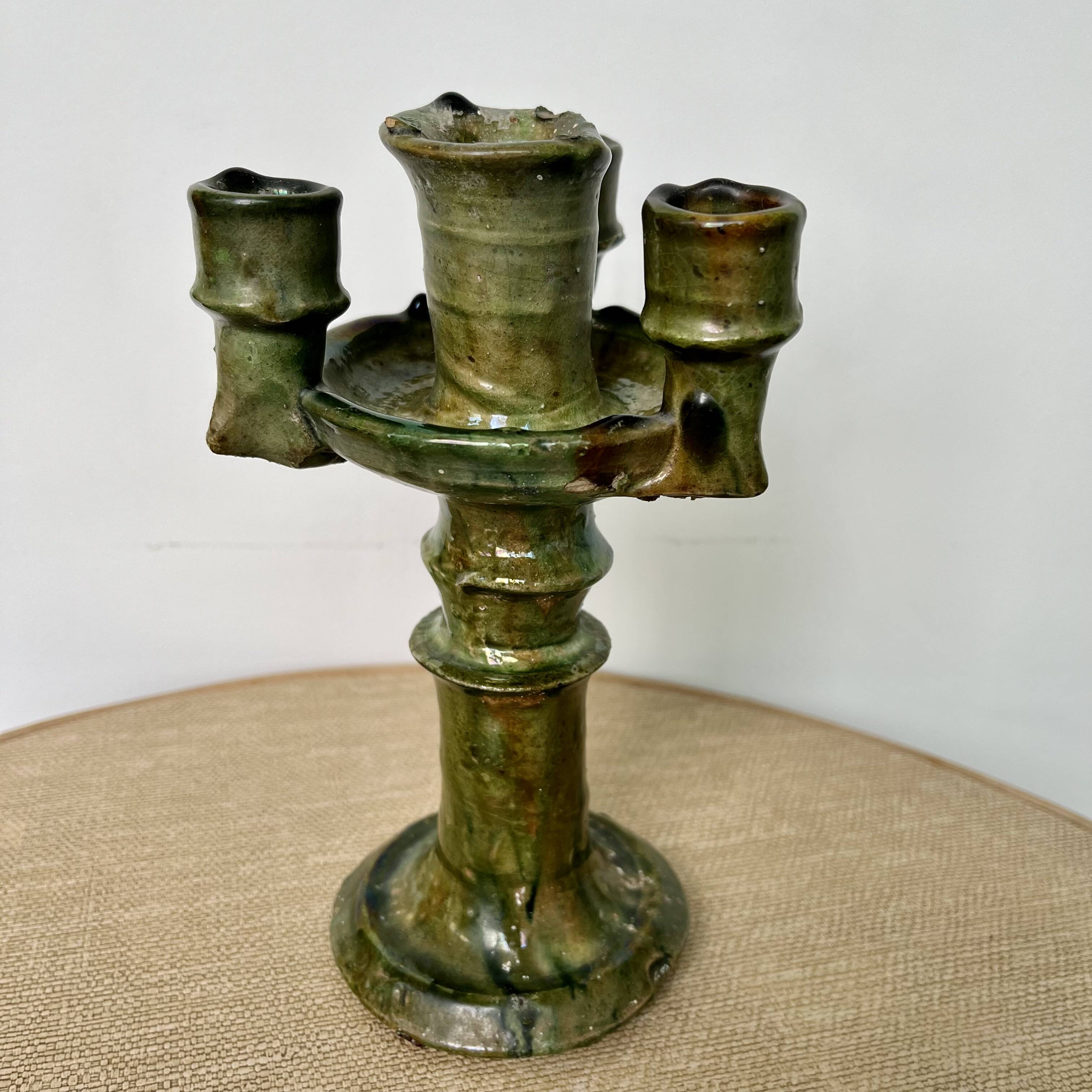 Antique Tamegroute candle holder oil lamp pottery Morocco terracotta