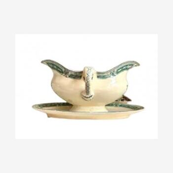 Green and beige iron earth gravy boat