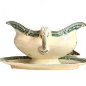 Green and beige iron earth gravy boat