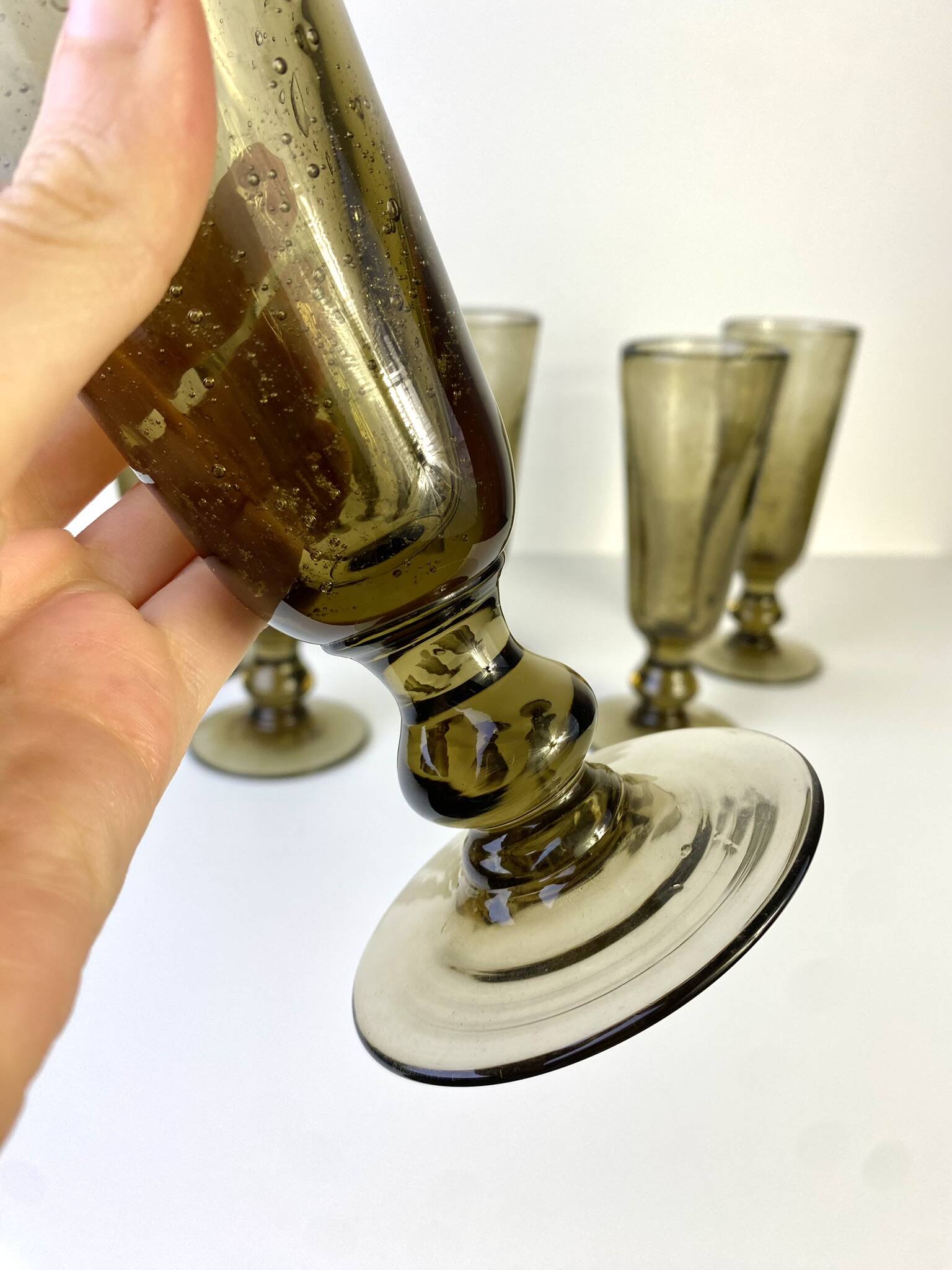 Set of 6 vintage black bubble glass champagne flutes