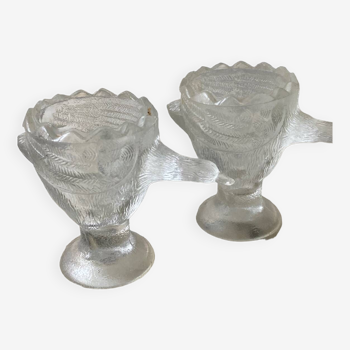 Duo of glass egg cups - duck or goose and its egg
