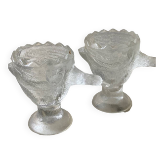 Duo of glass egg cups - duck or goose and its egg