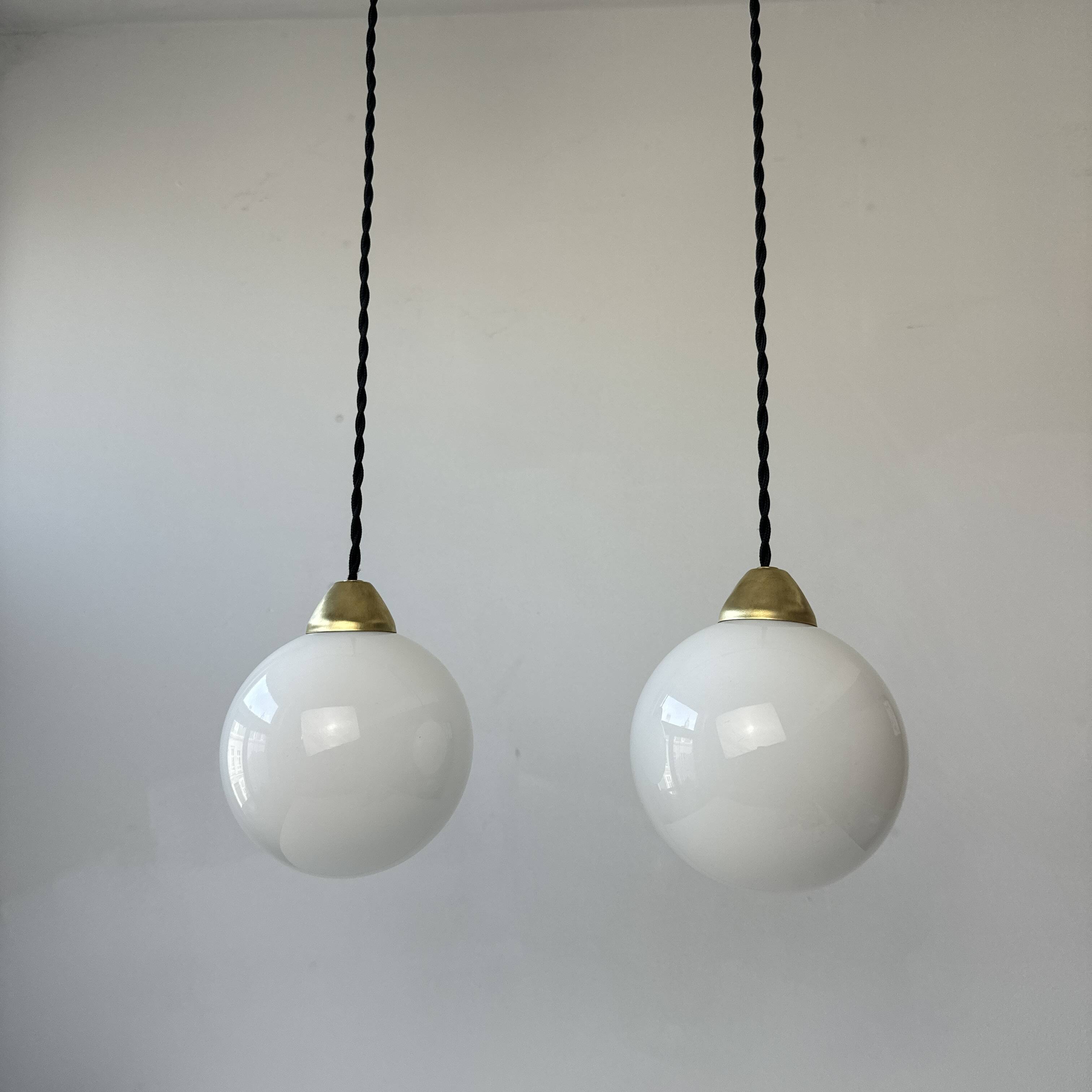 Pair of old vintage round opaline pendants