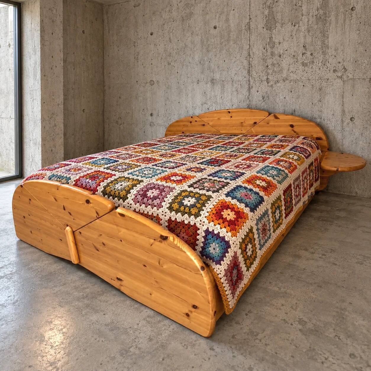 Solid pine wood double bed / 1980s