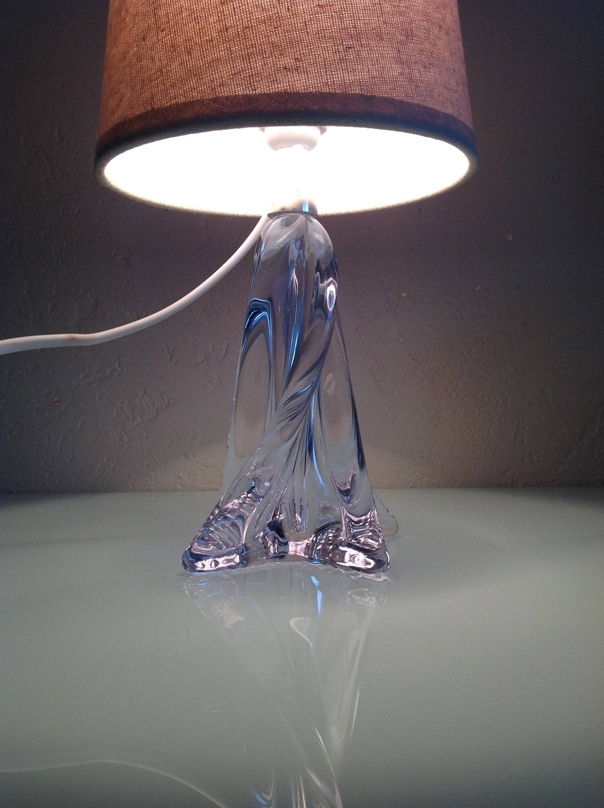 Bedside lamp with glass base and beige fabric lampshade / vintage 60s-70s