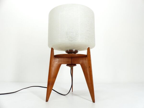 Lampe de table vintage tripode bois et verre 1950 France