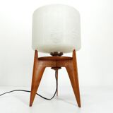 Vintage tripod table lamp wood and glass 1950 France