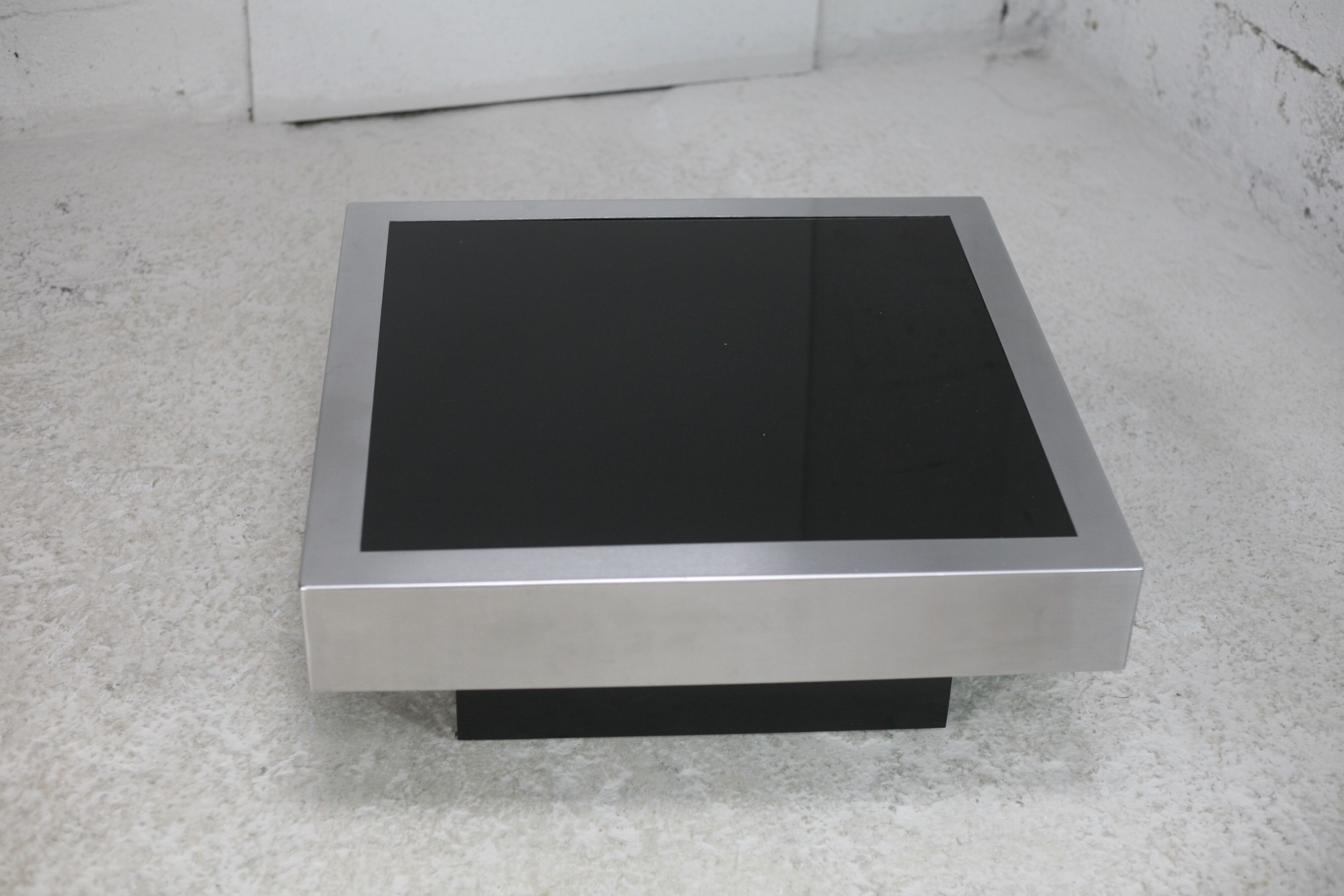 Coffee table in steel and black glass. France, circa 1970