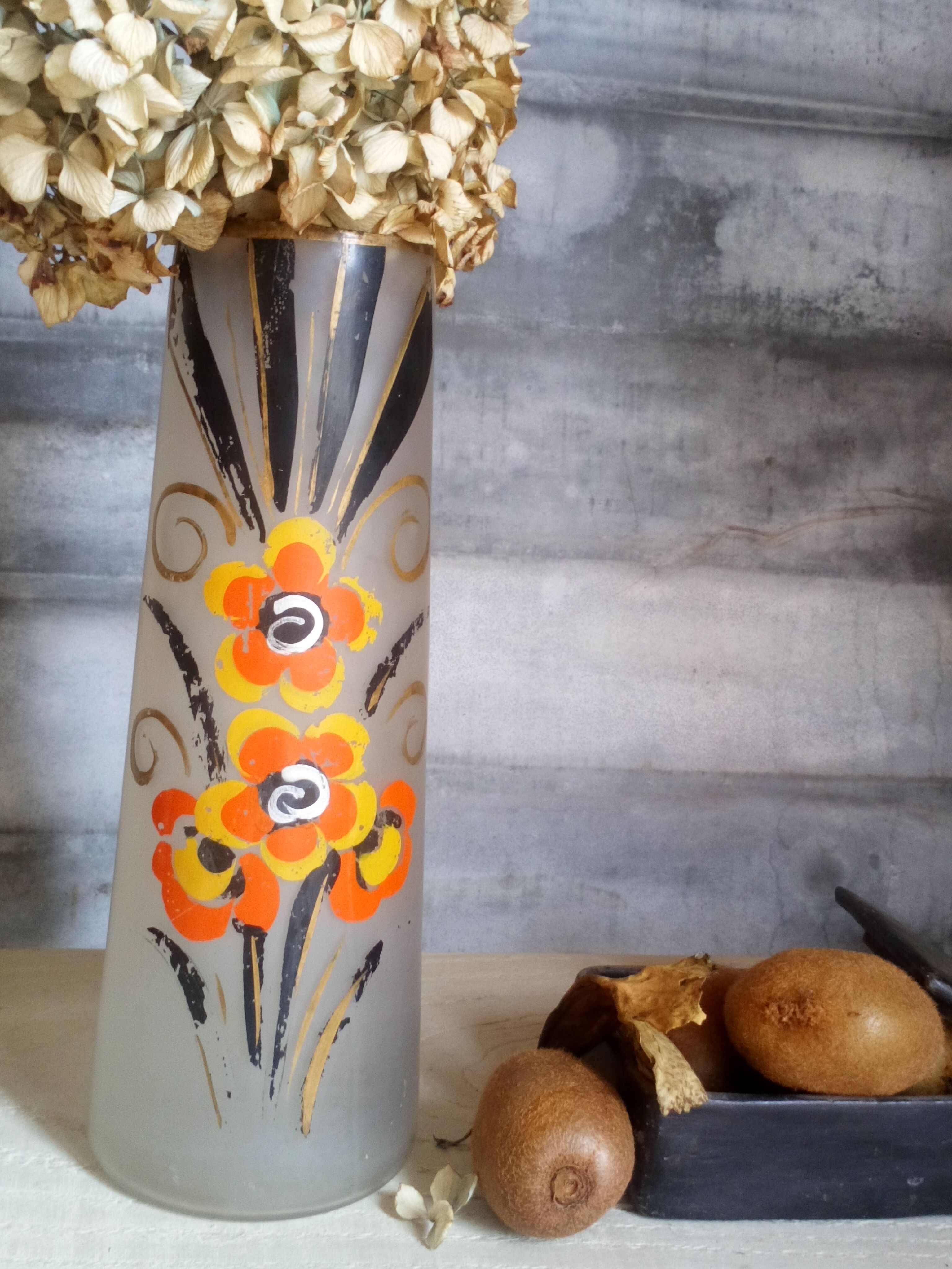 Painted frosted glass Art Deco vase