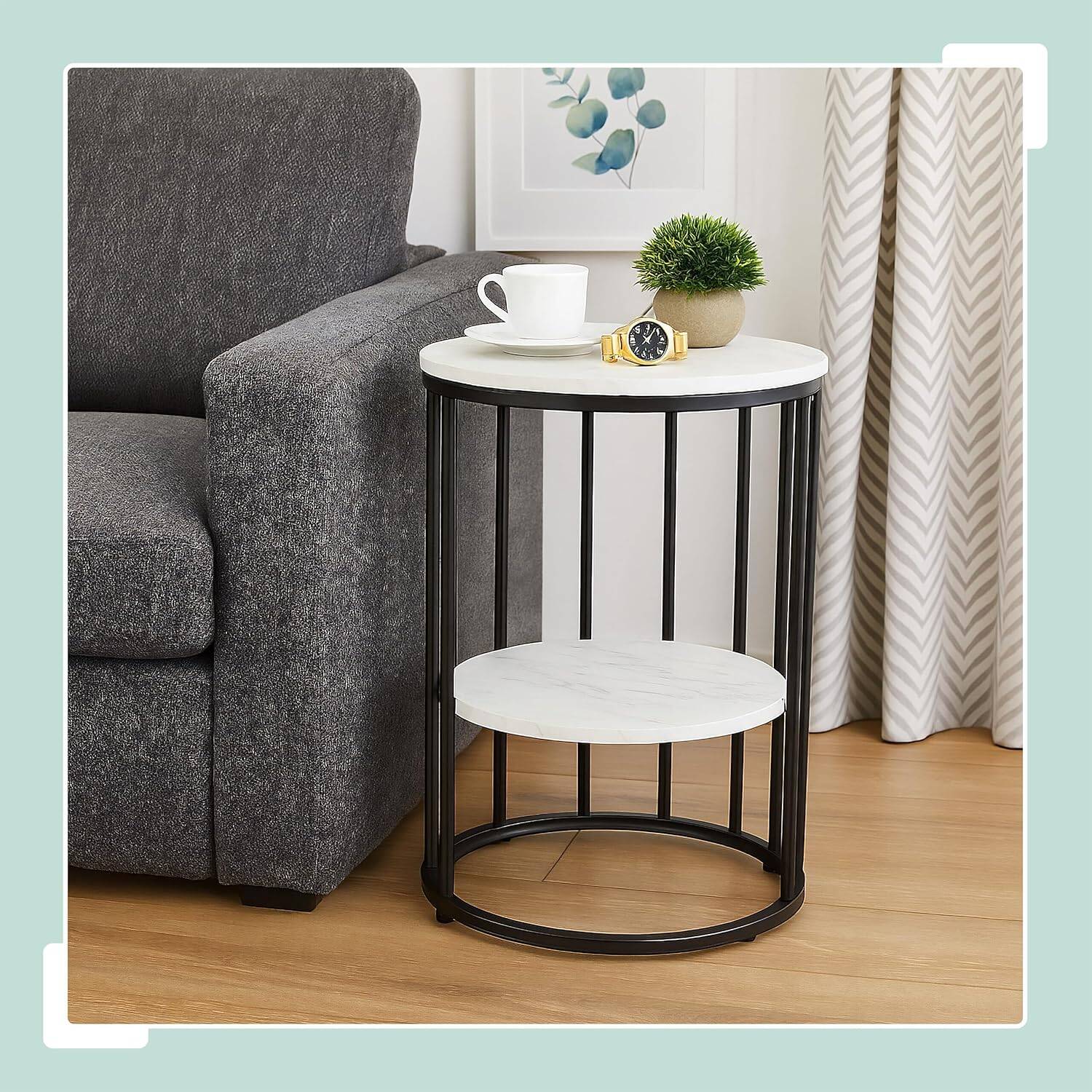 Relaxdays Side Table, 2 Marble Look Tabletops, Metal and MDF, H x D: 57 x 40 cm, for Living Room, White and Gold