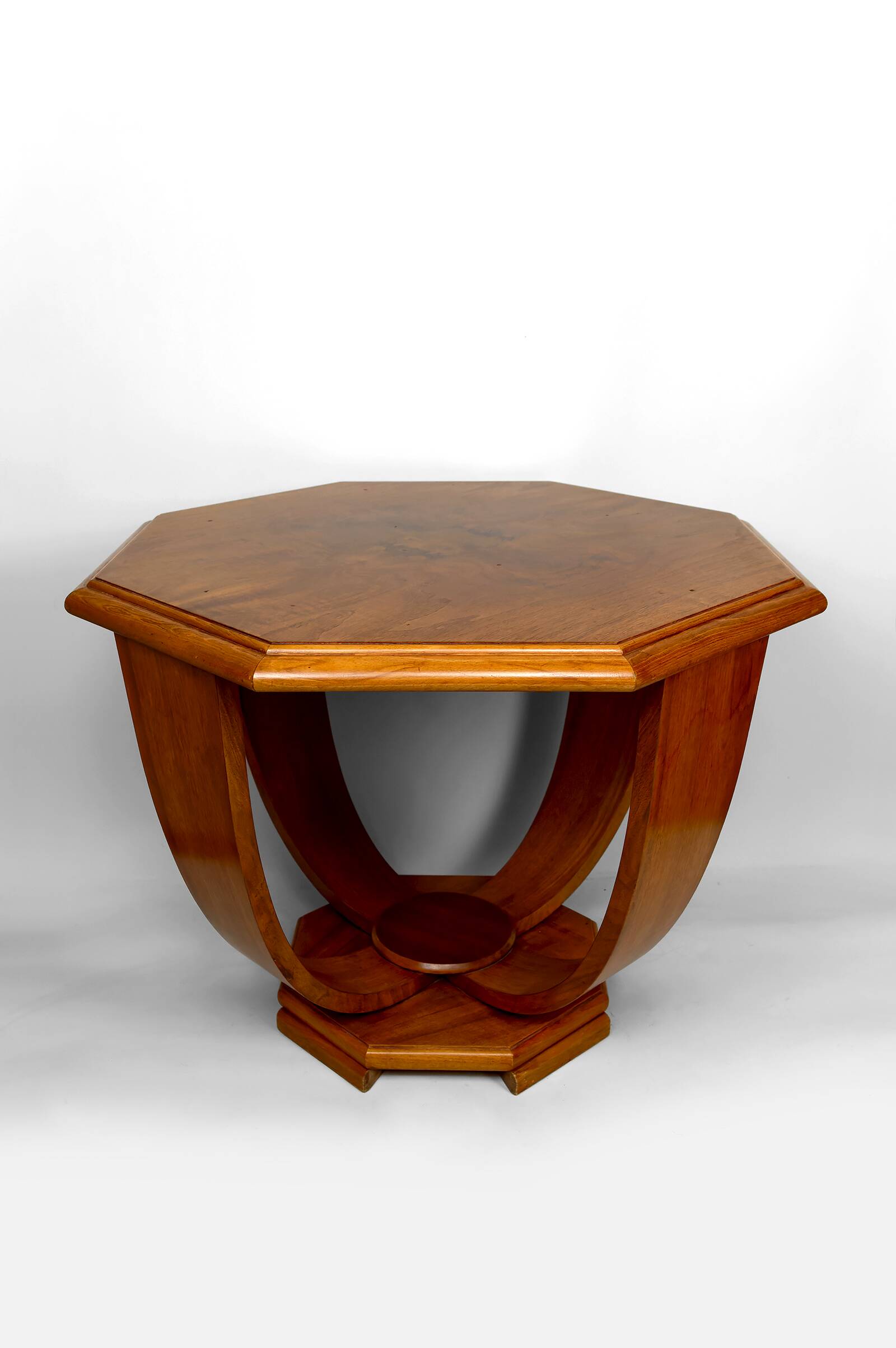 Octagonal Walnut Pedestal Table, Art Deco Modernist, France, c. 1930