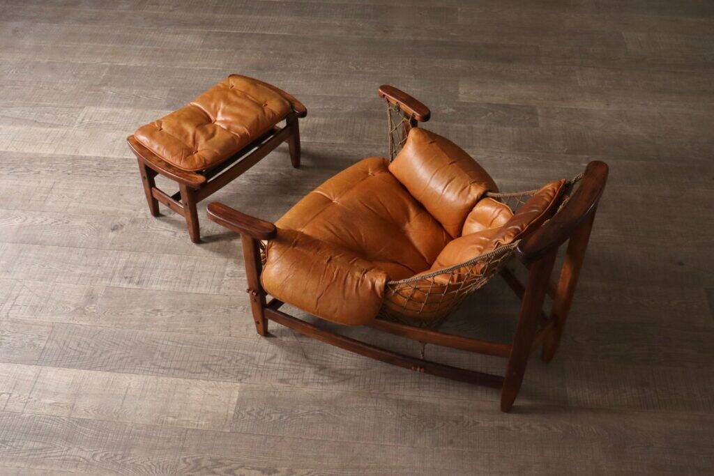 Jangada lounge chair with ottoman in cognac leather by Jean Gillon, Brazil, 1960s