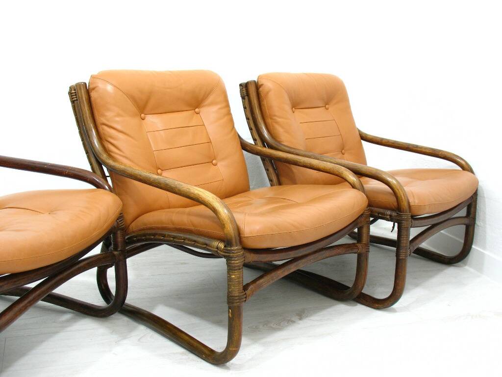 Italian Bamboo, Rattan, and Leather Living Room Set, 1970s