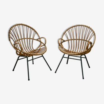 A pair of armchairs basket in wicker and rattan (vintage from the 60s)
