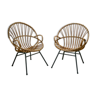 Paire de fauteuils corbeille en osier et rotin 1960