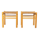 Pair of vintage 70s stools in wood and rope design hibiscus