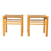 Paire de tabourets vintage années 70 en bois et corde design hibiscus