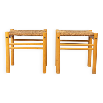 Pair of vintage 70s stools in wood and rope design hibiscus