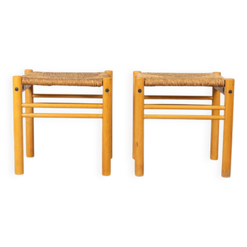 Paire de tabourets vintage années 70 en bois et corde design hibiscus