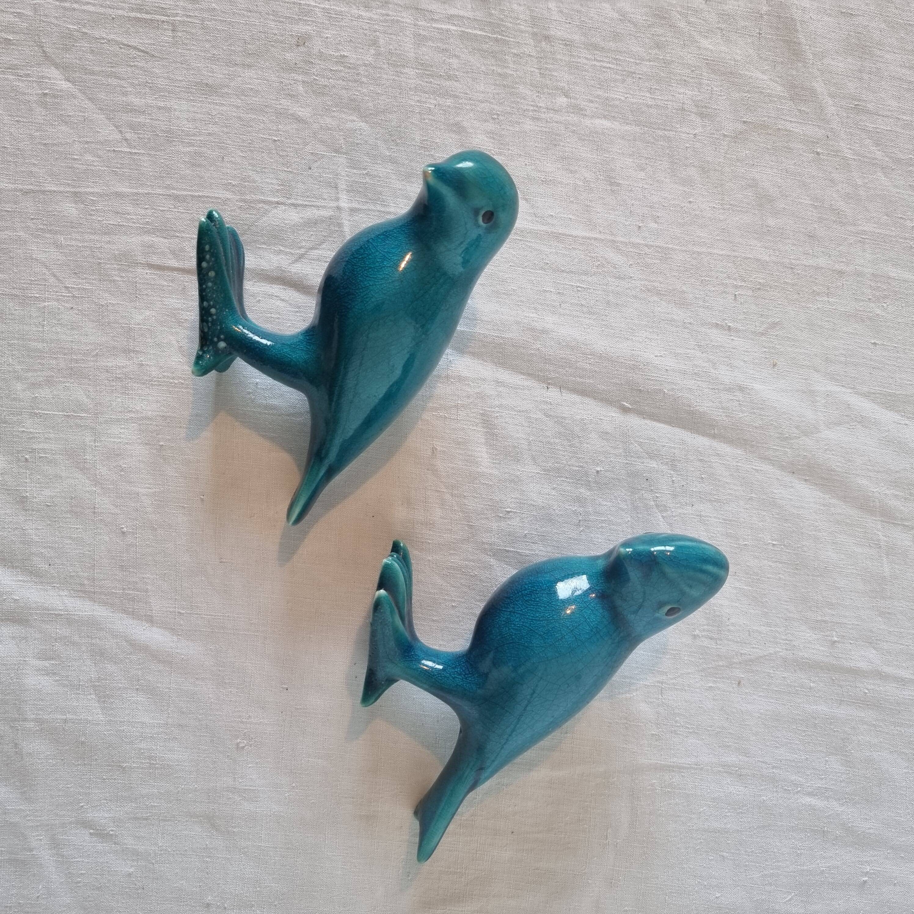 Pair of Art Deco Birds in Blue Porcelain from the 40s-50s signed