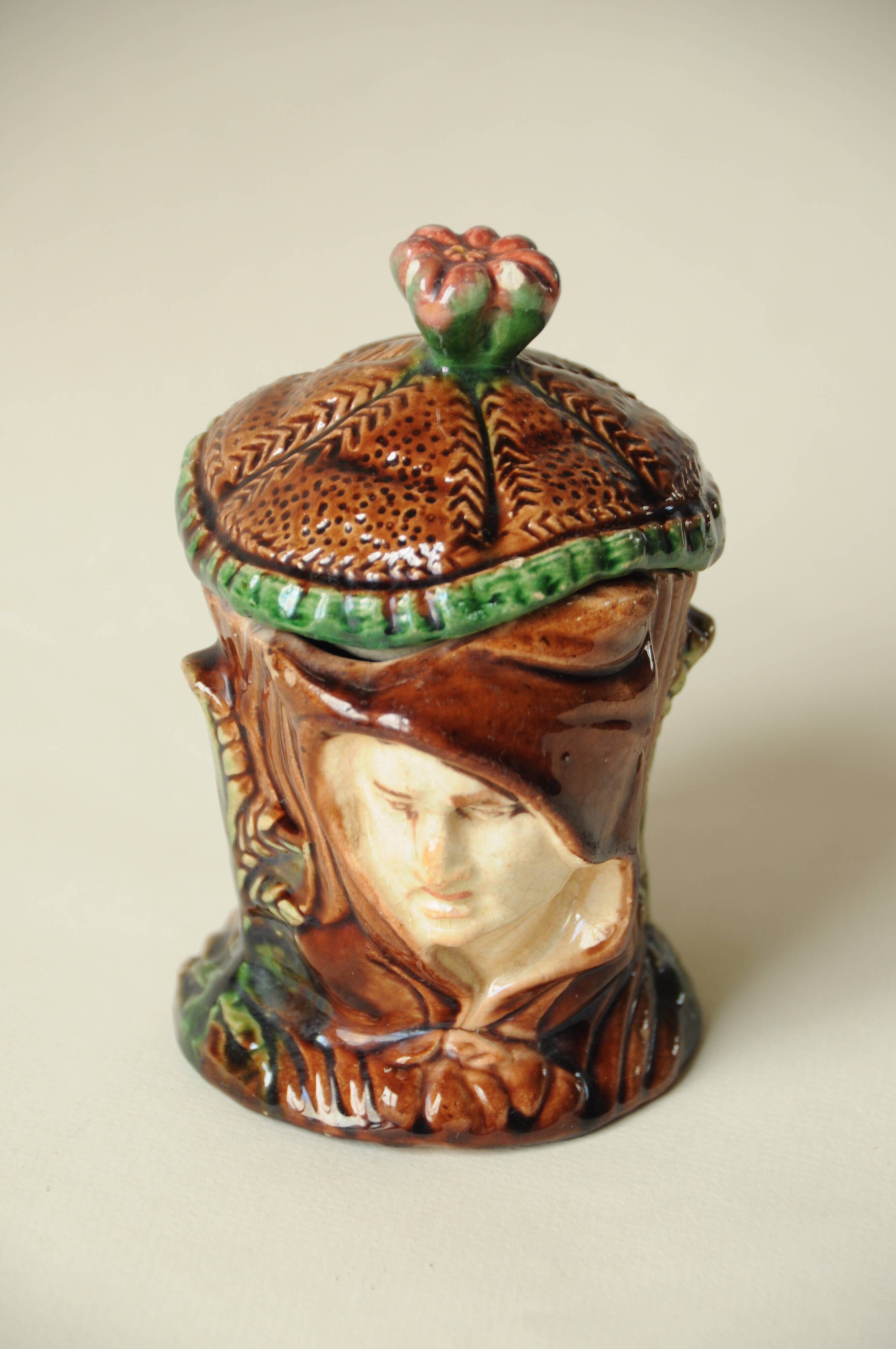 Old Tobacco Pot Janiform Head - Majolica Barbotine 19th Century - Medieval Style