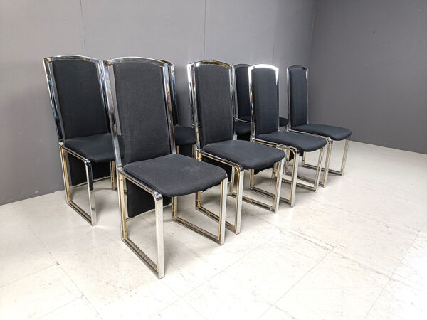 Ensemble de 8 chaises de salle à manger vintage en laiton et chrome - années 1970