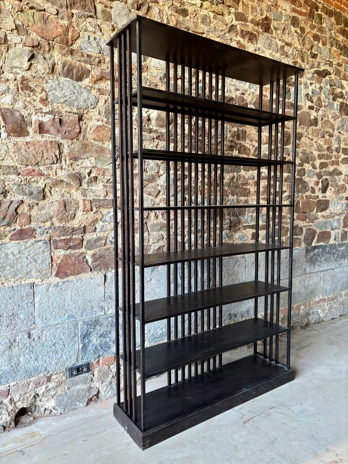 Large industrial black metal shelf – openwork graphic structure