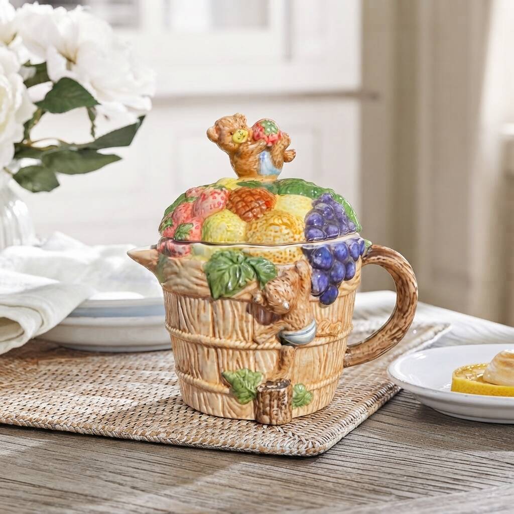 Vintage fruit and bear barbotine teapot