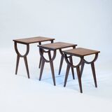 Midcentury nesting gigogne tables with parquetery in oak, 1950s france