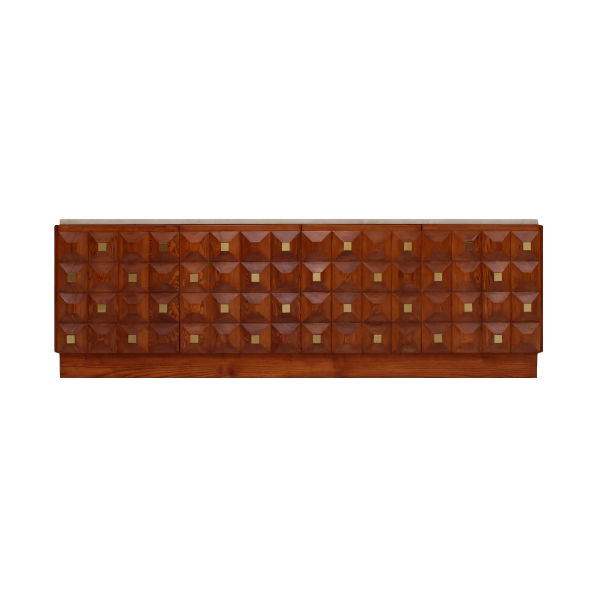Contemporary Square Pattern Oak Wood, Brass and Travertine Top Italian Side