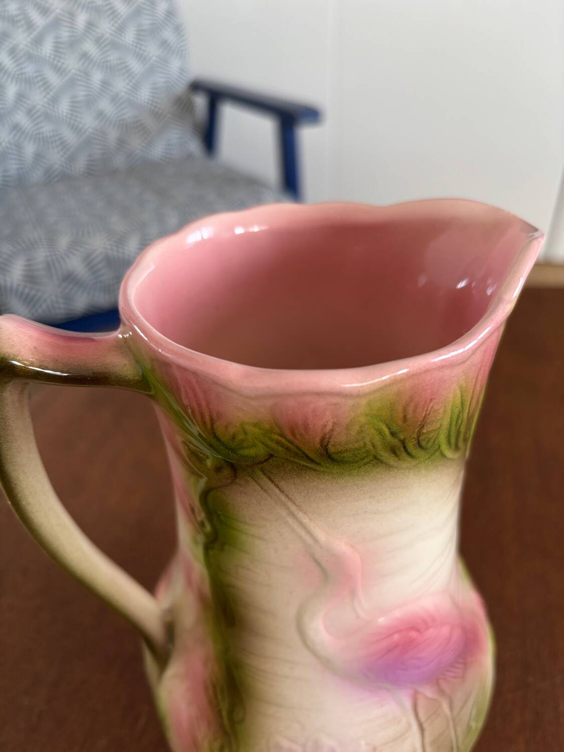 Heron and lily pitcher, St Clément factory, 1920s - vintage water carafe
