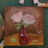 Huile sur toile fleurs dans un vase rouge