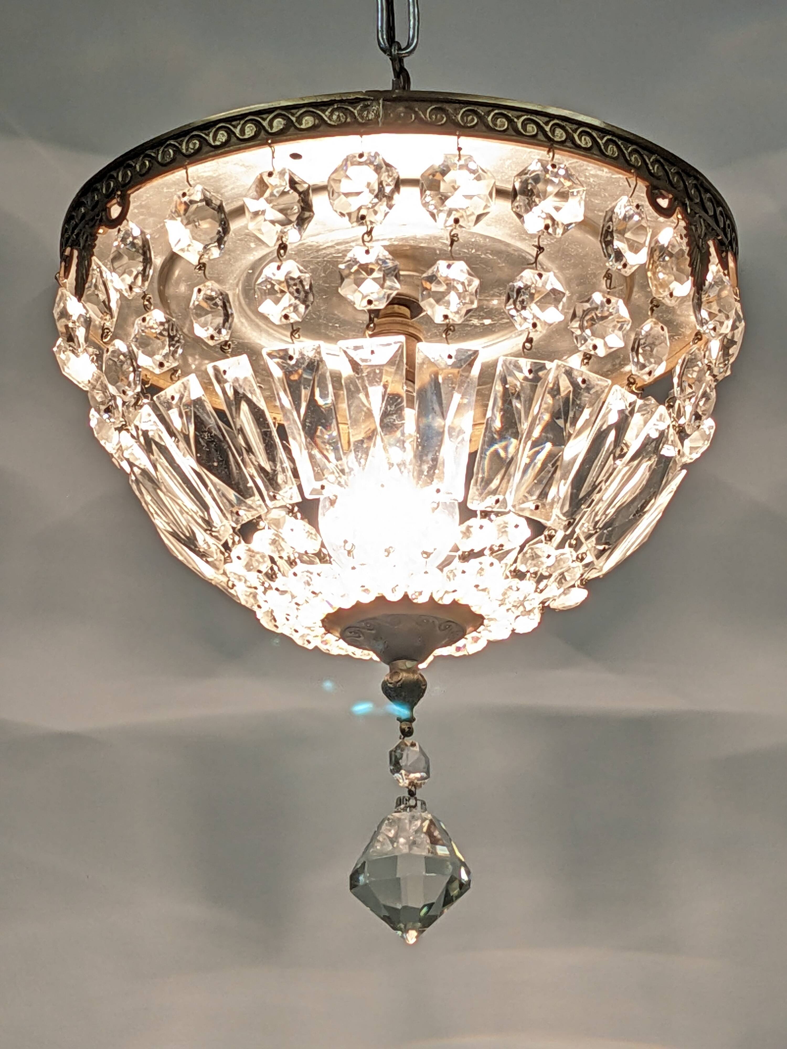 Louis XVI style bronze ceiling light and glass pendants