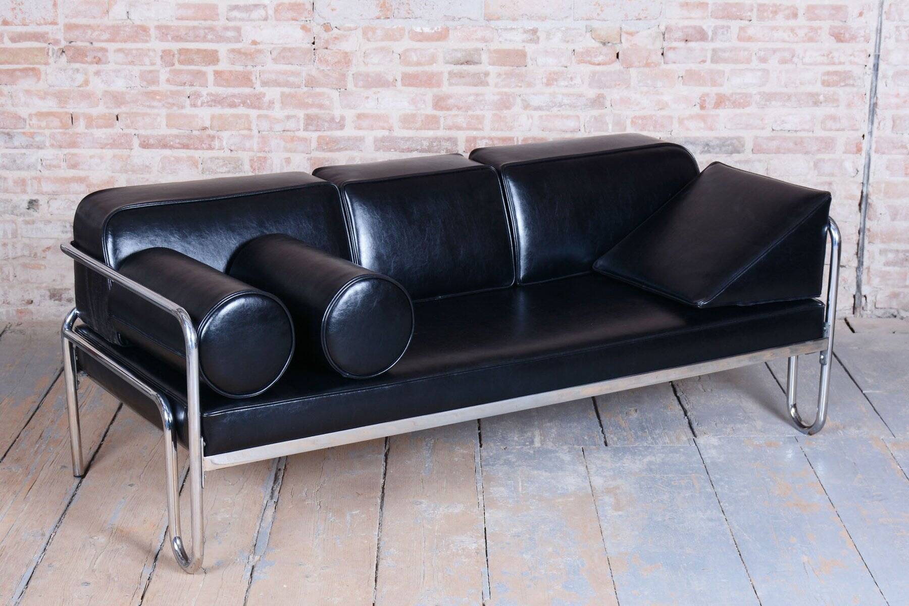 Sofa Bauhaus en acier chromé et cuir, tchèque, années 1930