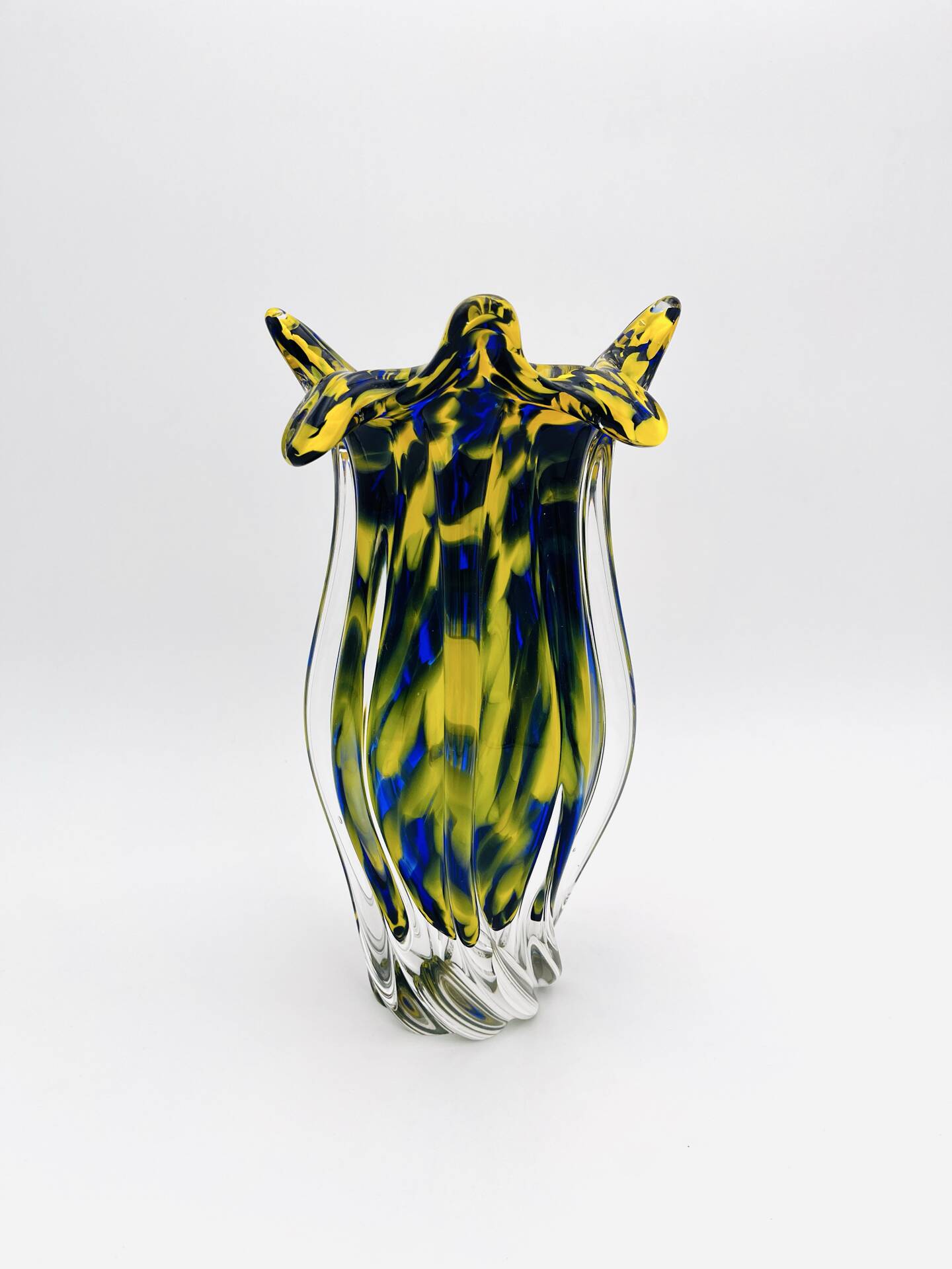 Vase Josef Hospodka Chřibská Macchia Blue Yellow Bohemian Glass 60s