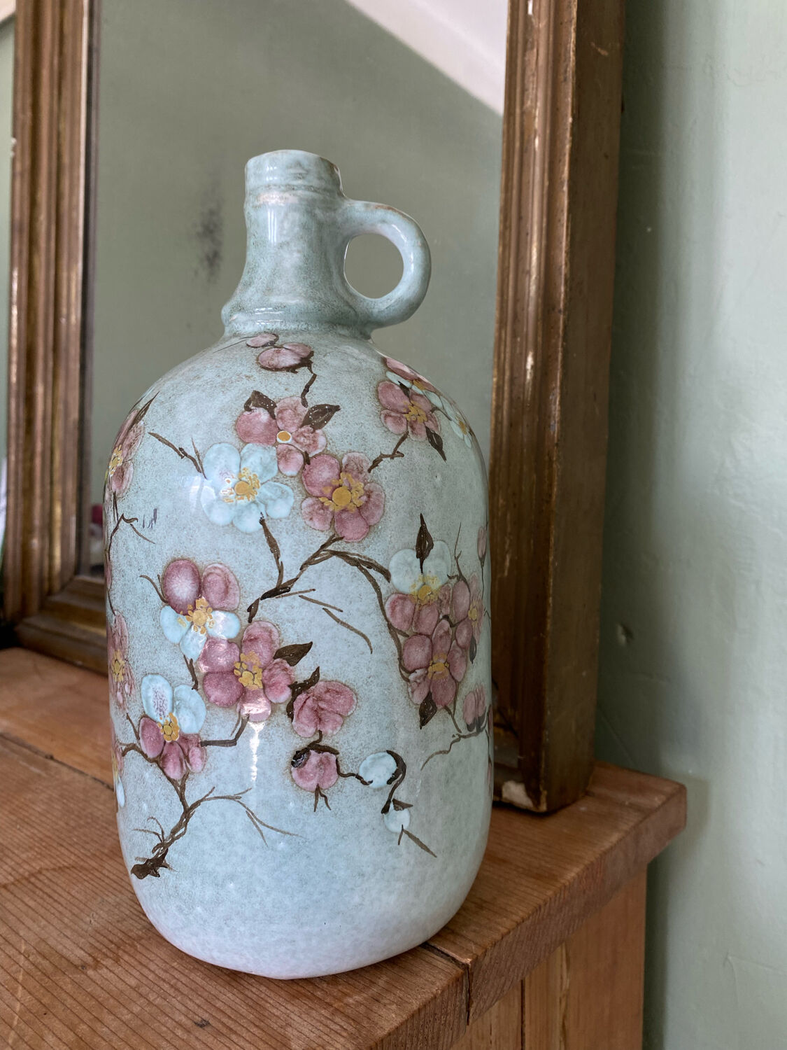 Signed ceramic bottle vase, cherry blossoms, 70s