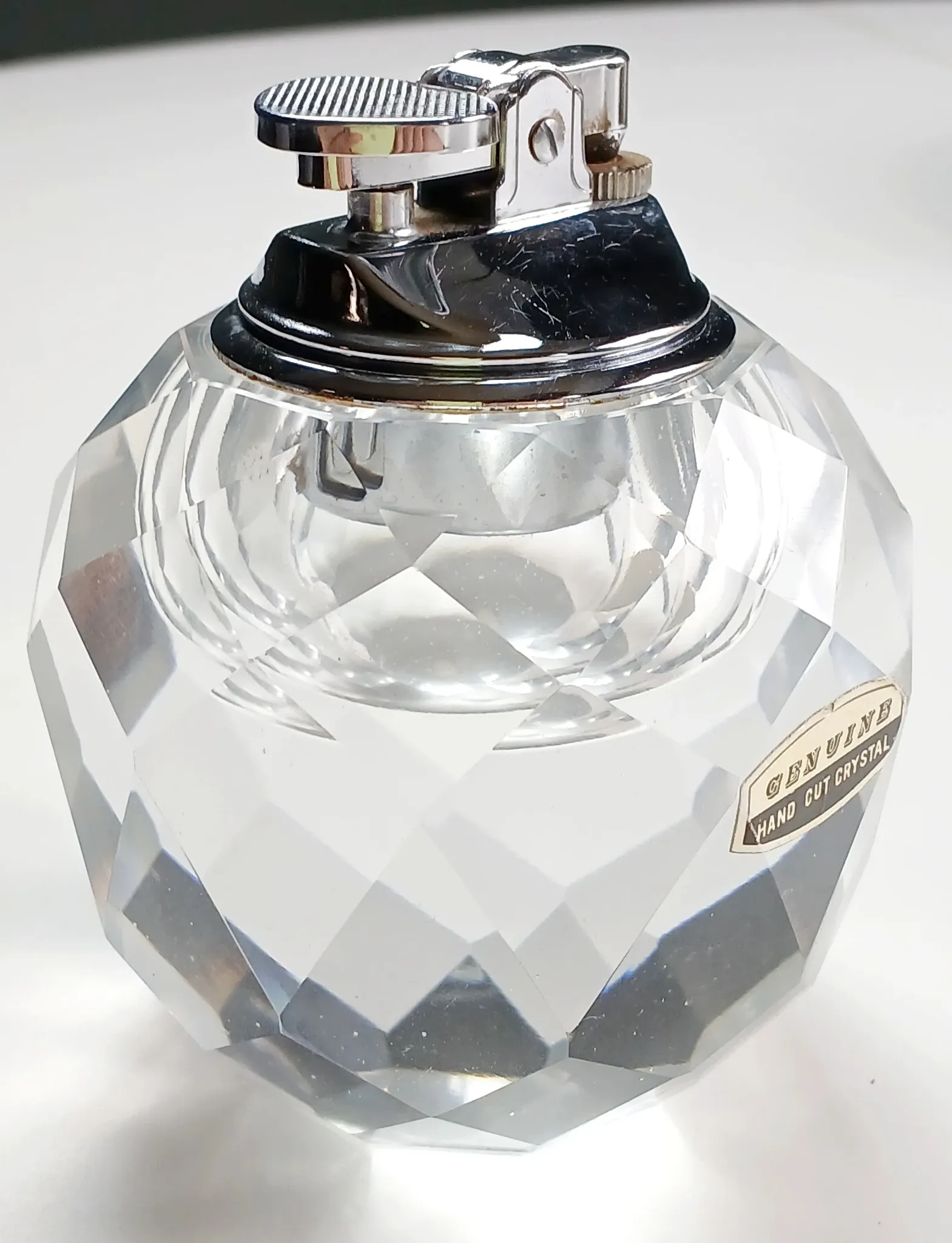 Table lighter/candle holder/faceted crystal paperweight handmade. 1960