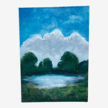 Peinture paysage huile sur toile ciel et forêt ancienne