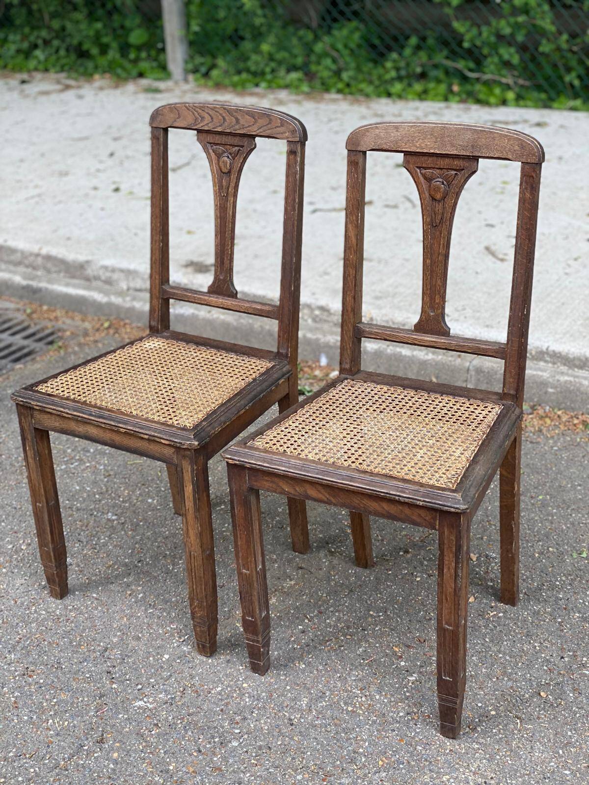 2 solid wood caned art deco dining room chairs