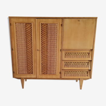 Armoire bois et rotin